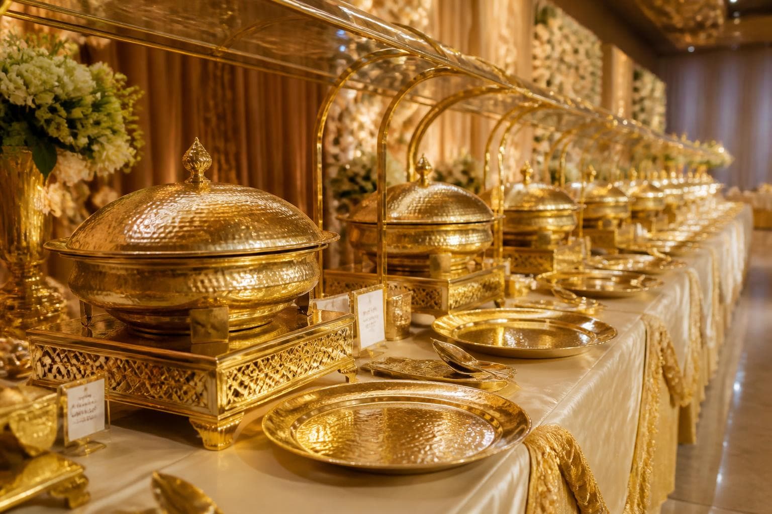 Long row of hammered gold chafing dishes and serving platters on a draped buffet line