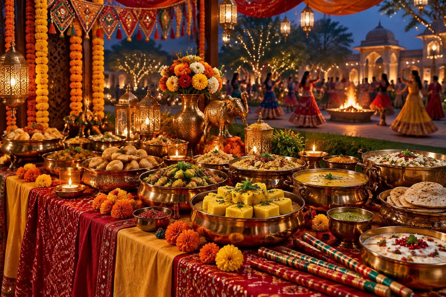 Navratri catering buffet with diyas, marigolds, brass serveware, and dandiya sticks