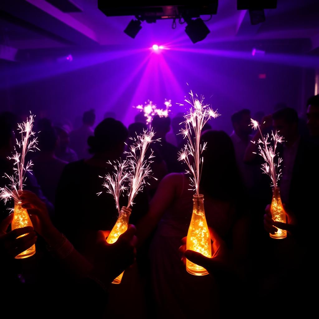 Wedding afterparty dance floor with sparkler champagne bottles under neon purple lights