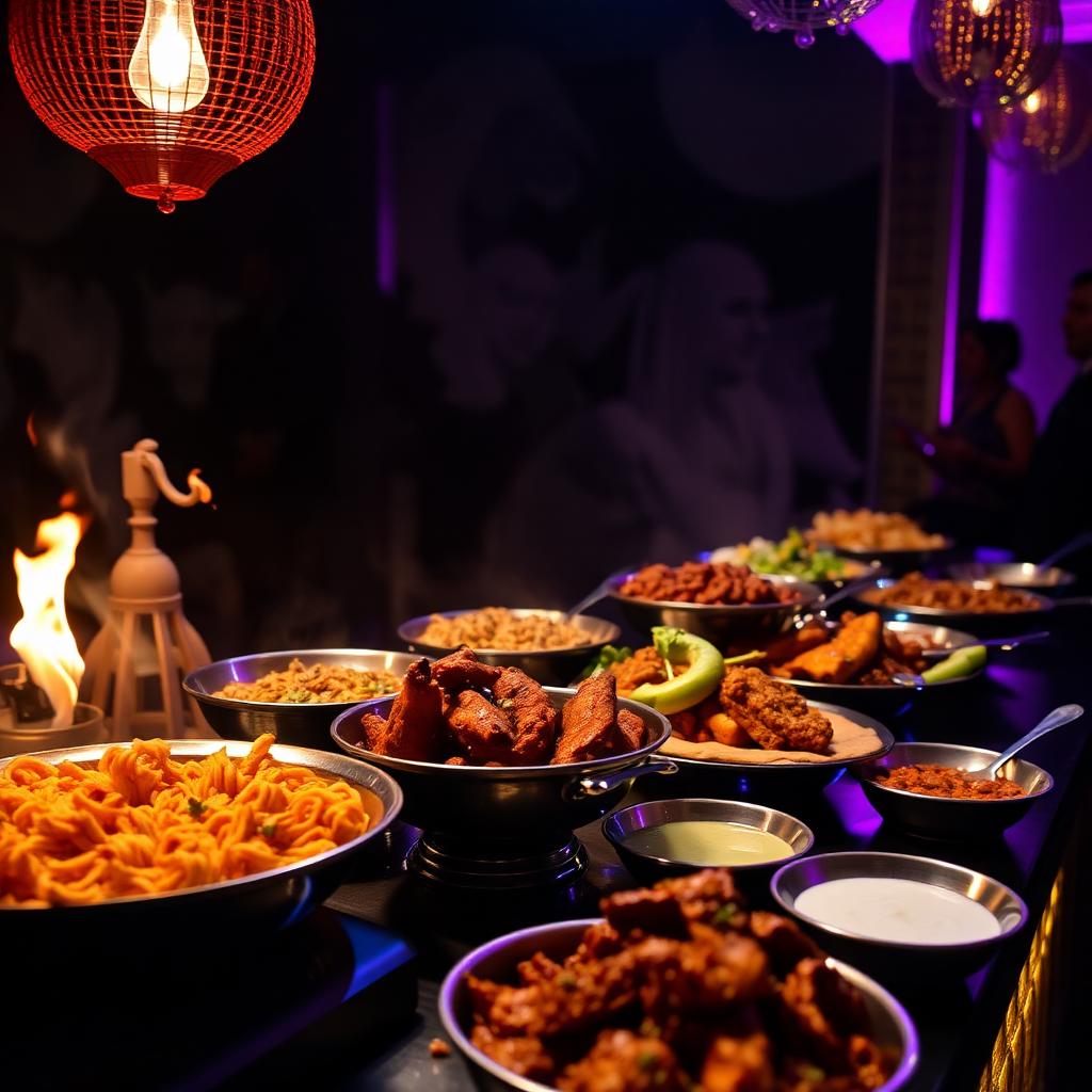 Late night Indian street food spread with tandoori chicken and chaat under neon lights