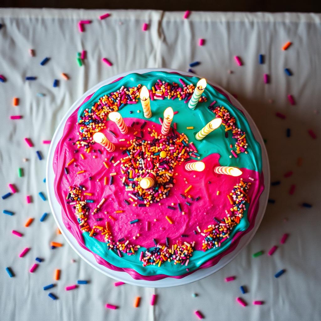 Pink and cyan birthday cake with sprinkles and lit candles