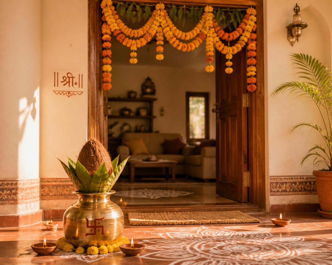 Brass kalash with coconut and mango leaves at the threshold, marigold torana overhead