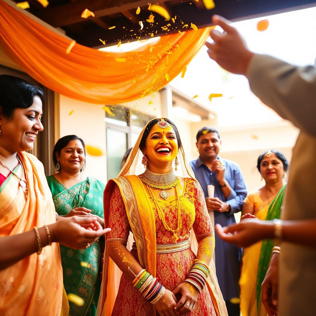 Indian bride laughing during Haldi ceremony covered in turmeric