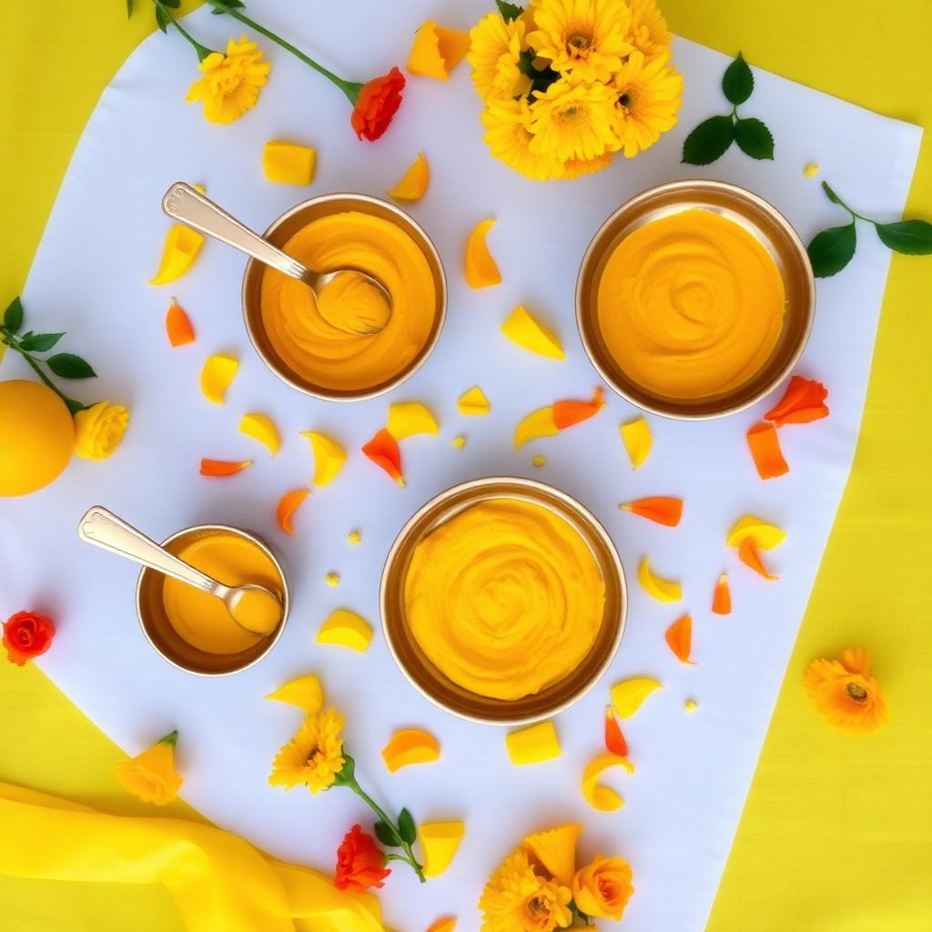 Turmeric paste bowls on yellow tablecloth with marigolds