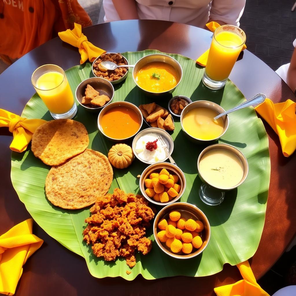 Haldi banana-leaf thali with dhokla, kadhi, jalebi and mango lassi
