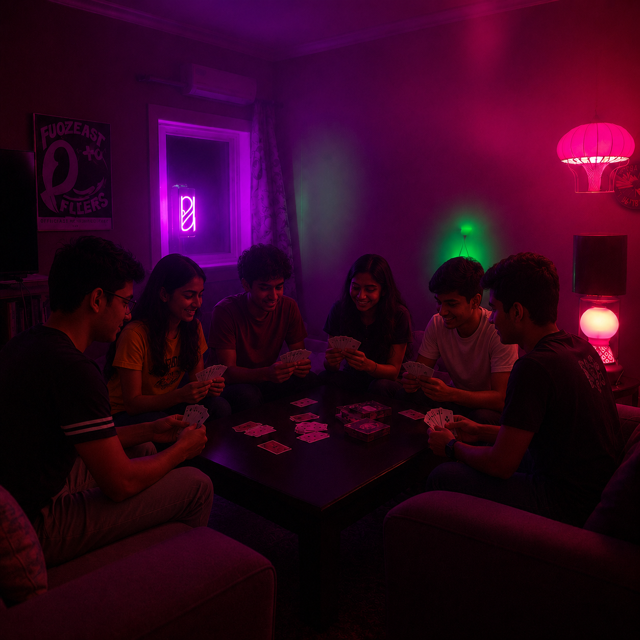 Late night house party with neon magenta and green lighting