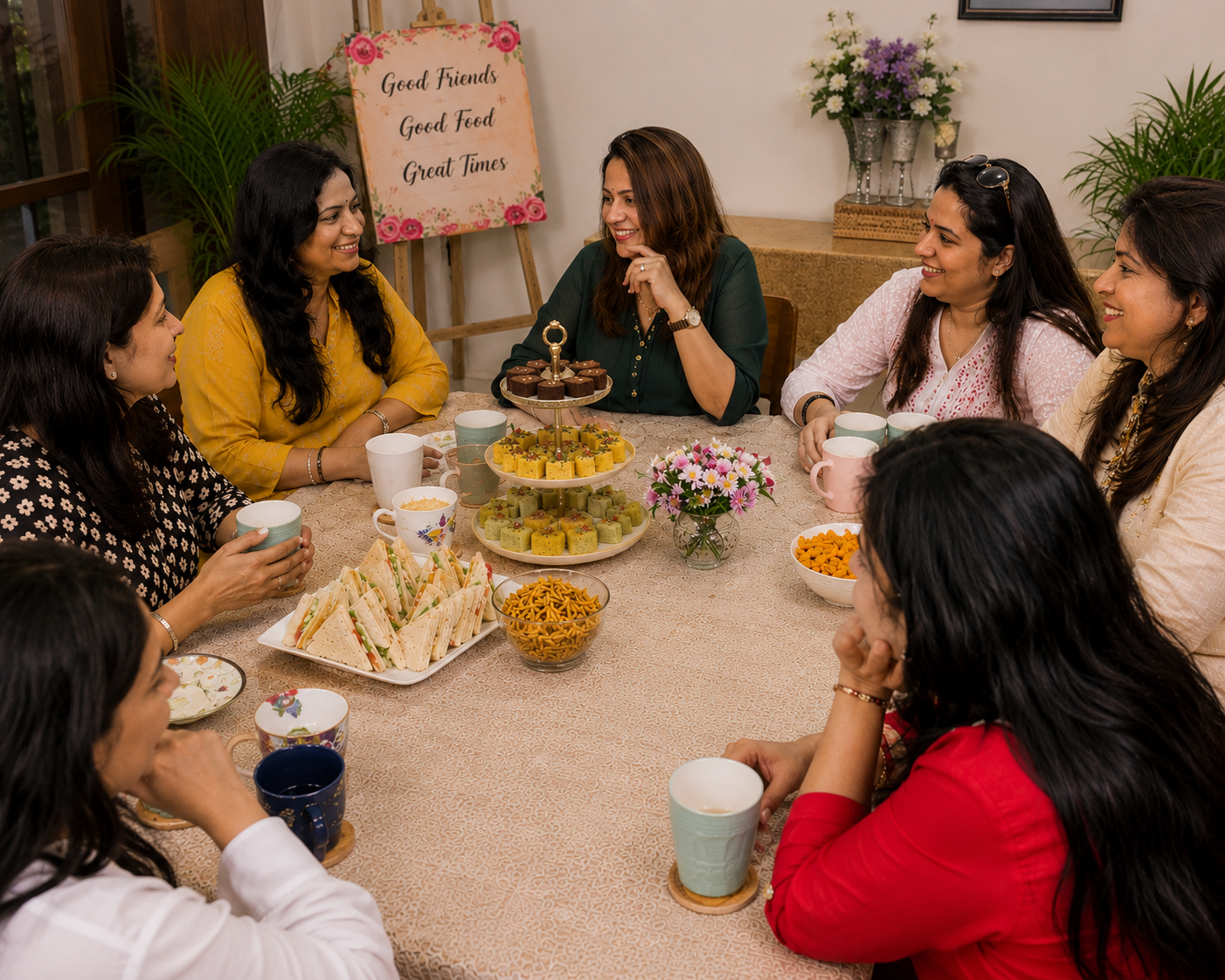 Group of glamorous ladies laughing at a kitty party