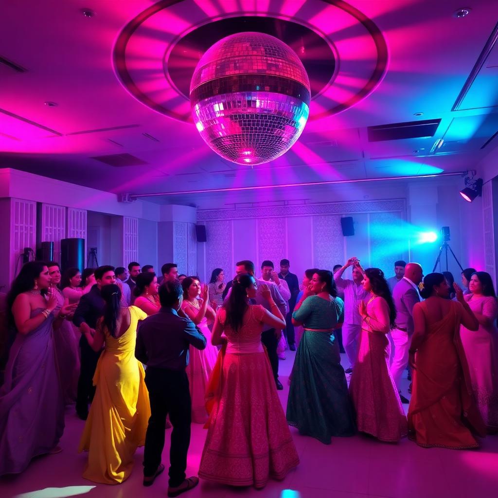 Sangeet dance floor with disco ball and magenta lighting