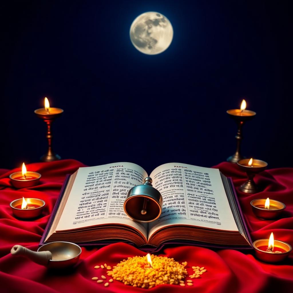 Satyanarayan katha book with silver bell under full moon