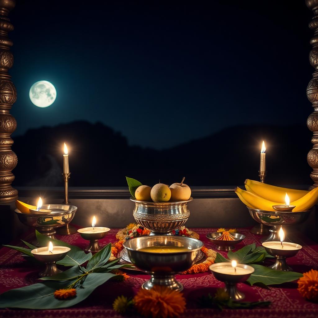 Satyanarayan pooja mandap under full moon with silver kalash